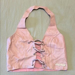 Pink leather Playboy crop halter top